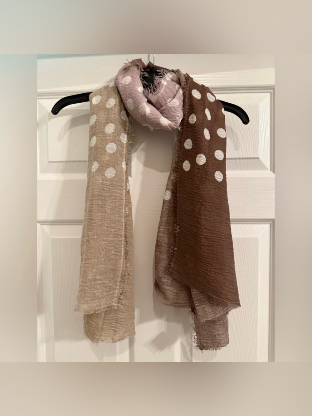 New Beautiful purple-brown and taupe polkadot scarf. Great gift !